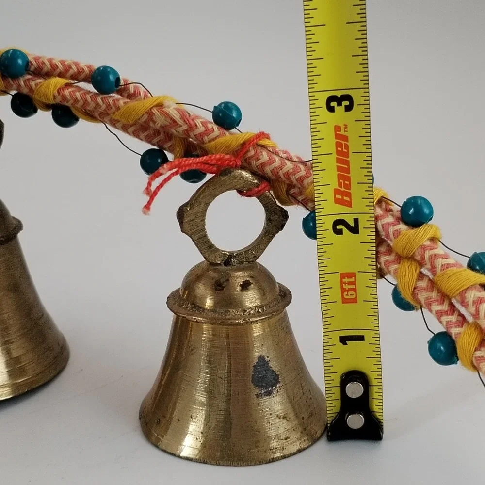 Vintage‎ India Brass Bells on Rope String of 3 Beaded Door Hanger Boho Chime Vtg